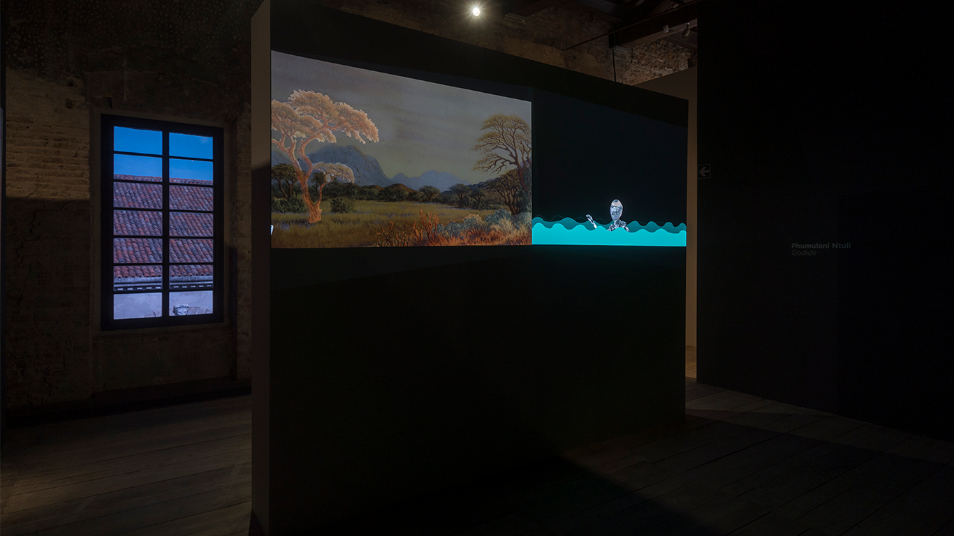 Phumulani Ntuli's participation at the 59th Venice Biannele South African Pavillion. Exhibition title Into The Light. Curated by Ame Bell Cr Samuelle Cherubini