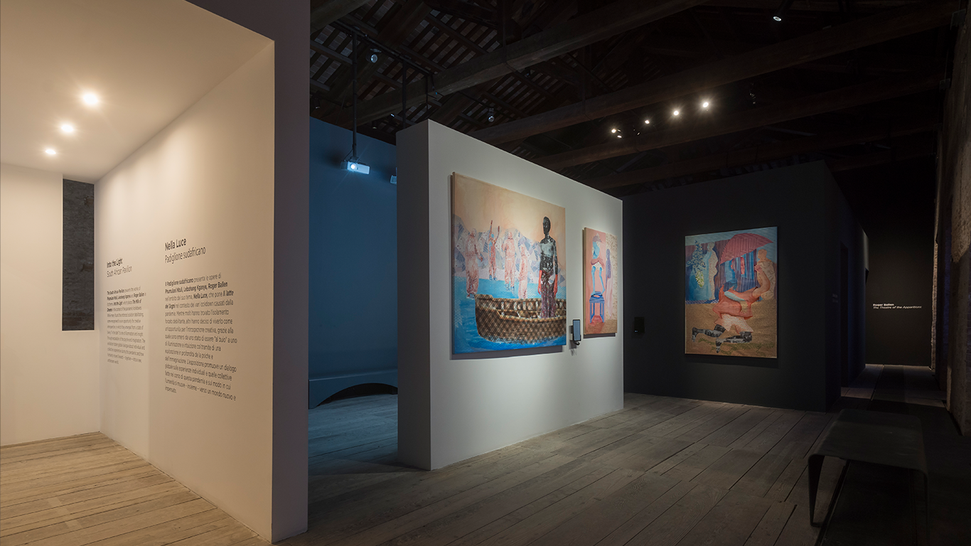 Phumulani Ntuli's participation at the 59th Venice Biannele South African Pavillion. Exhibition title Into The Light. Curated by Ame Bell Cr Samuelle Cherubini